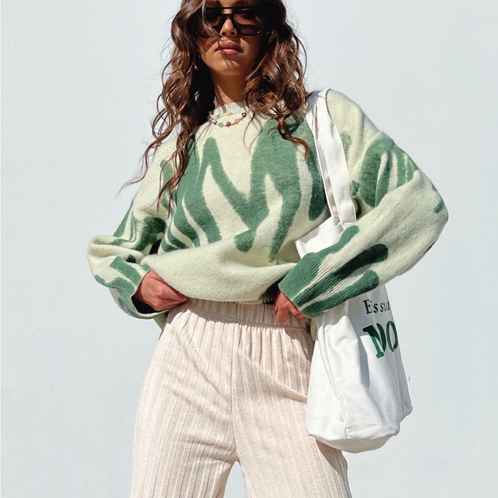 Princess Polly Katie Oversized Green Sweater Mint Dark Scribble Spray Paint